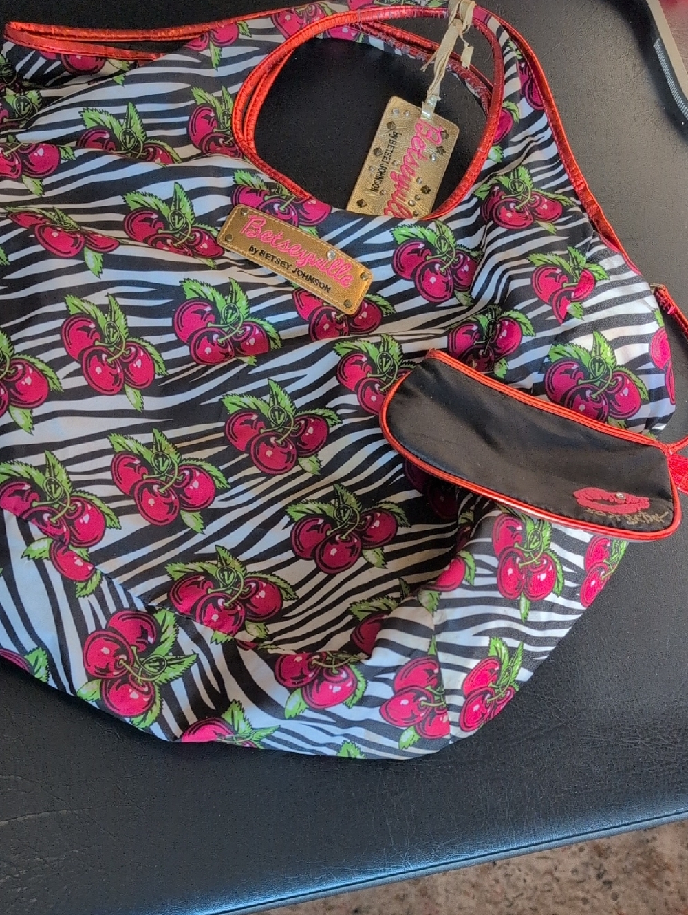 Betsey Johnson Pink Cherry Zebra-Print Tote with Neon Trim